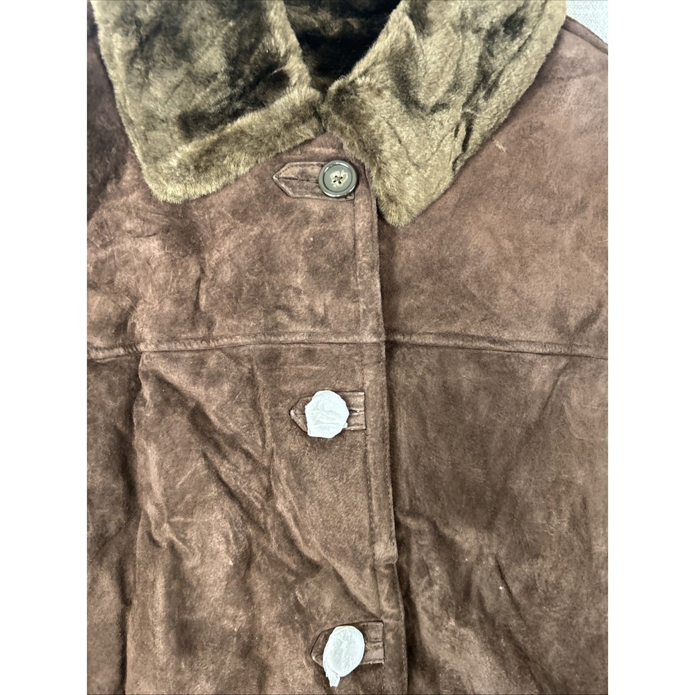 Dennis Basso Leather Coat Faux Fur Trim Dark Brown Button Down Women's – Read - Picture 5 of 13